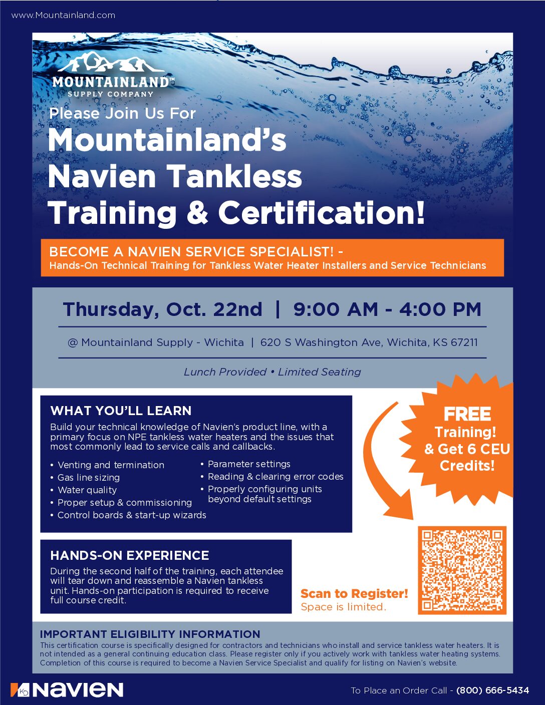 Navien Tankless Training & Certification on Oct. 22nd at Mountainland Supply Co. - Wichita, KS